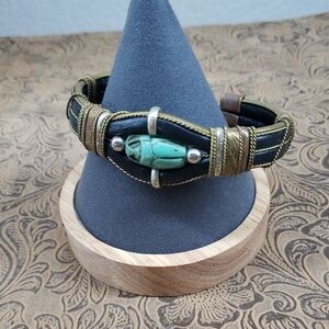 Vintage Brass Leather Scarab Turquoise Clay Bracelet